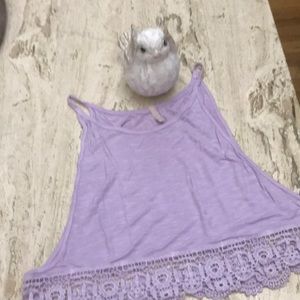 Emma and Sam-Tank top purple with lace details and open arms.